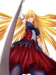  bakemonogatari blonde_hair breasts corset dress fangs from_below gloves highres kiss-shot_acerola-orion_heart-under-blade kokorowatari large_breasts long_hair monogatari_(series) oshino_shinobu pantyhose red_dress skirt smile solo sword tony_guisado vampire weapon yellow_eyes 