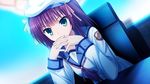  angel_beats! beret blue_eyes game_cg gendou_pose hands_clasped hat na-ga own_hands_together purple_hair school_uniform shinda_sekai_sensen_uniform solo yuri_(angel_beats!) 