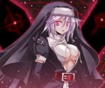  belt black_gloves breasts cross elbow_gloves gloves habit headdress large_breasts lavender_hair looking_at_viewer m.u.g.e.n nun nyal_lathotep parted_lips pink_eyes short_hair smile solo underboob warlock_(nova) 