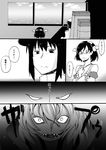  clenched_hand comic fangs female_admiral_(kantai_collection) frown glasses greyscale hand_on_own_chest ichiei kantai_collection kirishima_(kantai_collection) monochrome multiple_girls re-class_battleship shinkaisei-kan translation_request window 