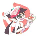  1girl :d aori_(splatoon) black_hair commentary_request detached_collar domino_mask fangs food food_on_head fox gloves inoue_seita long_hair mask object_on_head official_art open_mouth smile solo splatoon_(series) splatoon_1 sushi upper_body v-shaped_eyebrows white_gloves yellow_eyes 