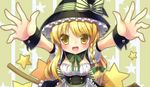  blonde_hair blush bow bowtie braid broom hair_bow hat hat_bow hat_ribbon kirisame_marisa long_hair looking_at_viewer open_mouth outstretched_arms ribbon silver15 single_braid smile solo star starry_background touhou witch_hat wrist_cuffs yellow_eyes 