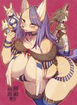  3girls animal_ears aoneko areolae breasts bulge choker cleavage_cutout collar cover cover_page egyptian eyebrows fur furry green_eyes image_sample large_breasts leaning_forward long_hair multiple_girls navel pixiv_sample purple_hair red_background simple_background slit_pupils tail thick_eyebrows thighhighs wristband 