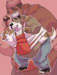  anthro apron belly belly_overhang big_belly big_butt black_hair blowup_background brown_fur butt canine captainjusticevirtsuoso clothed clothing dog food fur hair hat holding_food holding_object hot_dog human human_to_anthro male mammal midriff moobs obese obese_male open_mouth overweight overweight_male saint_bernard saliva simple_background slobber solo species_transformation standing tongue tongue_out torn_clothing transformation weight_gain white_fur wide_hips 