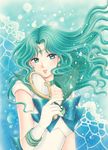  aqua_hair bishoujo_senshi_sailor_moon blue_bow blue_eyes bow circlet deep_aqua_mirror earrings eyelashes floating_hair gloves holding jewelry jyan_borii kaiou_michiru long_hair marker_(medium) mirror parted_lips sailor_neptune sailor_senshi_uniform sideways_glance solo traditional_media white_gloves 