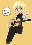  :d acoustic_guitar black_pants blonde_hair blue_eyes erica_hartmann german guitar instrument kodamari long_sleeves open_mouth orange_background outline pants short_hair smile solo speech_bubble strike_witches translated vest world_witches_series 