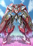  day gatling_gun gun majestic_prince mecha no_humans petals red_five robot sakusakusakurai science_fiction sky standing weapon 