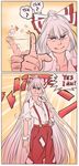  absurdly_long_hair commentary cosplay fujiwara_no_mokou jojo_no_kimyou_na_bouken long_hair mefomefo mohammed_avdol mohammed_avdol_(cosplay) pants parody pose red_eyes shirt smile sparks suspenders torn_clothes torn_sleeves touhou very_long_hair white_hair yes_i_am! 