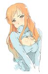  biting biting_clothes breasts brown_eyes cleavage_cutout highres kenshin187 large_breasts long_hair looking_at_viewer meme_attire mouth_hold nami_(one_piece) one_piece open-chest_sweater orange_hair simple_background sketch smile solo sweater upper_body white_background 