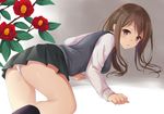  all_fours ass bangs black_legwear black_skirt blush brown_eyes brown_hair from_behind harimoji long_hair long_sleeves looking_at_viewer looking_back original panties parted_lips school_uniform skirt solo sweater_vest underwear white_panties 