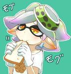  1girl aqua_background bread domino_mask earrings eating food gloves hikimayu holding hotaru_(splatoon) jewelry mask mole mole_under_eye orange_eyes outline pointy_ears short_hair silver_hair simple_background solo splatoon_(series) splatoon_1 toast ukan_muri upper_body white_gloves 