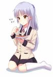  angel_beats! blazer eating food highres itachi_kanade jacket long_hair mapo_doufu school_uniform silver_hair solo spoon tenshi_(angel_beats!) yellow_eyes 