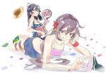 :3 :p ahoge akebono_(kantai_collection) bad_id bad_twitter_id bare_shoulders bell bikini_top black_hair blue_hair blush breasts cleavage collarbone flower hair_bell hair_flower hair_ornament hat hat_removed headwear_removed jingle_bell kantai_collection licking_lips long_hair looking_at_viewer lying medium_breasts multiple_girls on_stomach pleated_skirt pokimari polka_dot polka_dot_swimsuit purple_eyes purple_hair sandals side_ponytail sitting skirt small_breasts smile swimsuit thigh_strap tongue tongue_out ushio_(kantai_collection) v-shaped_eyebrows very_long_hair white_background 