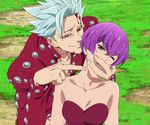  1boy 1girl aqua_hair arm ban_(nanatsu_no_taizai) bare_shoulders blood breasts brown_eyes collarbone covering covering_mouth from_behind head_tilt looking_at_viewer middle_finger nanatsu_no_taizai naughty_face neck one_eye_closed open_mouth poking purple_hair red_eyes screencap short_hair silver_hair smile spiked_hair stitched strapless sweatdrop veronica_liones wince 
