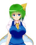  blue_eyes blush breasts commentary_request daiyousei fairy fairy_wings green_hair hair_ribbon highres large_breasts looking_at_viewer medium_hair necktie open_mouth ribbon solo teera_(tera_zilla) touhou white_background wings yellow_neckwear yellow_ribbon 