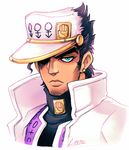  black_hair earrings facial_hair green_eyes hat jewelry jojo_no_kimyou_na_bouken kuujou_joutarou lintufriikki male_focus one_eye_covered portrait signature solo turtleneck 