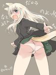  animal_ears ass blonde_hair blue_eyes blush butt_crack cowboy_shot fox_ears fox_tail from_behind grey_background heart highres long_hair long_sleeves looking_back military military_uniform mishiro_shinza ottilie_kittel panties simple_background solo tail translation_request twitter_username underwear uniform white_panties world_witches_series 