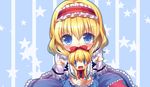  :d alice_margatroid blonde_hair blue_eyes blush blush_stickers bow bowtie capelet covering_mouth hair_bow hairband looking_at_viewer multiple_girls open_mouth outstretched_arms shanghai_doll short_hair silver15 smile star starry_background touhou 
