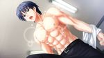  angel_beats! belt black_hair collarbone game_cg glasses indoors male_focus muscle na-ga open_mouth shirtless solo sparkle takamatsu 