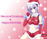  bare_shoulders blush breasts cryska_barchenowa detached_sleeves elbow_gloves engrish gloves hair_ornament happy_birthday hat kilina lavender_hair medium_breasts merry_christmas midriff muvluv muvluv_alternative muvluv_total_eclipse navel purple_eyes ranguage red_gloves sack santa_costume santa_hat short_hair sitting solo wariza 