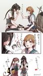  :&lt; akigumo_(kantai_collection) akizuki_(kantai_collection) bandaid boots bow bowtie brown_eyes brown_hair bruise closed_mouth comic covering_face gloves gloves_removed grey_footwear hairband hand_kiss injury kantai_collection kiss knee_boots kneehighs machinery multiple_girls oboro_(kantai_collection) pleated_skirt ponytail satou_(310null) school_uniform serafuku shoukaku_(kantai_collection) silver_hair sitting skirt smile torn_clothes translated twintails twitter_username v-shaped_eyebrows yuri zuikaku_(kantai_collection) 