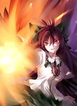  aiming_at_viewer arm_cannon bird_wings black_wings bow brown_hair cowboy_shot eredhen firing glowing glowing_weapon hair_bow long_hair red_eyes reiuji_utsuho shirt skirt smile solo third_eye touhou very_long_hair weapon wings 