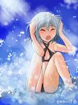  bikini black_bikini blue_sky closed_eyes cloud day hands_on_own_head highres mishiro_shinza open_mouth sanya_v_litvyak short_hair silver_hair sky solo strike_witches swimsuit twitter_username water world_witches_series 