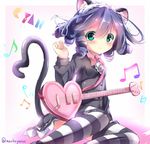  animal_ears beamed_eighth_notes beamed_sixteenth_notes blue_hair blush cat_ears cat_tail character_name curly_hair cyan_(show_by_rock!!) eighth_note green_eyes guitar heart heart_guitar heart_tail instrument looking_at_viewer multicolored multicolored_text musical_note na!?_(naxtuyasai) quarter_note show_by_rock!! sketch solo strawberry_heart striped striped_legwear tail tears thighhighs twitter_username 