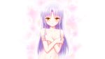  angel_beats! blush breasts cleavage collarbone covering covering_breasts eyebrows eyebrows_visible_through_hair game_cg highres long_hair looking_at_viewer na-ga navel nude purple_hair small_breasts solo tenshi_(angel_beats!) upper_body white_background yellow_eyes 