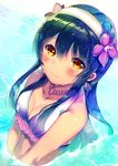 bikini blue_hair breasts cleavage hairband highres hikari_no long_hair looking_at_viewer love_live! love_live!_school_idol_project medium_breasts natsuiro_egao_de_1_2_jump! partially_submerged smile solo sonoda_umi swimsuit yellow_eyes 