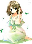  bad_id bad_pixiv_id bare_shoulders barefoot blue_eyes breasts brown_hair cleavage dress green_eyes heterochromia idolmaster idolmaster_cinderella_girls jewelry leaf medium_breasts mole mole_under_eye naka_noboru necklace short_hair sitting smile solo takagaki_kaede 