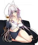  antenna_hair barefoot blue_eyes blush bra breasts couch drink full_body high_school_dxd large_breasts long_hair looking_at_viewer natsumikan_(amanatsu_mix) panties pantyshot partially_undressed purple_bra purple_panties rossweisse silver_hair simple_background solo unbuttoned underwear very_long_hair white_background 
