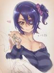  :&gt; alternate_costume bare_shoulders blue_hair breasts casual cleavage eyepatch fingerless_gloves gloves hairband heart kantai_collection large_breasts looking_at_viewer meme50 short_hair side_ponytail sketch solo sweater tenryuu_(kantai_collection) v yellow_eyes 