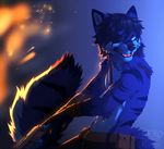  2015 blue_fur canine clothed clothing fire fur half-dressed kero_tzuki male mammal solo topless wolf 