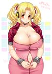  aerith_gainsborough aerith_gainsborough_(cosplay) between_breasts blonde_hair blush bow breasts bursting_breasts cleavage cosplay covered_nipples cropped_jacket dress final_fantasy final_fantasy_vii flower headphones huge_breasts long_dress looking_at_viewer navel nitroplus orange_eyes pink_dress plump ribbon short_hair skindentation smile solo super_pochaco tsuji_santa twintails undersized_clothes 