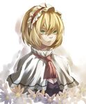  absurdres alice_margatroid ascot blonde_hair breasts capelet cleavage daisy eredhen flower gradient gradient_background green_eyes hairband highres lips lolita_hairband medium_breasts parted_lips short_hair simple_background solo touhou upper_body 