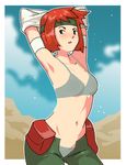  advance_wars armpits bandana bra breasts daga domino_(advanced_wars) grey_bra grey_panties navel panties pants pouch red_hair short_hair small_breasts solo underwear undressing unzipped 