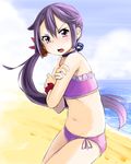  akebono_(kantai_collection) beach bell bikini choker day flower hair_bell hair_flower hair_ornament highres jingle_bell kantai_collection long_hair momo_(higanbana_and_girl) navel open_mouth purple_bikini purple_eyes purple_hair side-tie_bikini side_ponytail solo swimsuit 