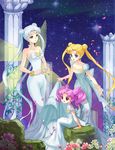  amg192003 bead_bracelet beads bishoujo_senshi_sailor_moon blonde_hair blue_eyes bracelet breasts broken butterfly_wings chibi_usa cleavage column double_bun dress earrings facial_mark family flower forehead_mark grandmother_and_granddaughter highres ivy jewelry long_dress long_hair medium_breasts mother_and_daughter multiple_girls petals pillar pink_hair plant princess_serenity queen_serenity red_eyes skirt_hold sky small_breasts small_lady_serenity star_(sky) starry_sky strapless strapless_dress time_paradox tsukino_usagi twintails very_long_hair white_dress white_hair wings 
