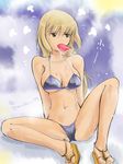  bikini blonde_hair blue_bikini breasts brown_eyes cleavage collarbone flying_sweatdrops food food_in_mouth fruit highres large_breasts long_hair marian_e_carl mishiro_shinza mouth_hold navel noble_witches popsicle sandals sitting solo swimsuit underboob watermelon watermelon_bar world_witches_series 