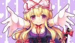  blonde_hair blush bow breasts cleavage corset dress elbow_gloves gap gloves hair_bow half-closed_eyes hat hat_bow heart heart_background large_breasts long_hair looking_at_viewer outstretched_arms purple_eyes ribbon silver15 smile solo touhou white_gloves yakumo_yukari 