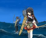  akagi_(kantai_collection) amamori_kohan arrow banned_artist black_eyes black_hair black_legwear blue_skirt blue_sky bow_(weapon) brown_gloves fingerless_gloves flight_deck gloves holding holding_weapon japanese_clothes kaga_(kantai_collection) kantai_collection long_hair looking_away looking_to_the_side multiple_girls muneate ocean outdoors partly_fingerless_gloves quiver red_skirt side_ponytail skirt sky thighhighs walking walking_on_liquid water weapon white_legwear yugake zettai_ryouiki 