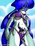  anthro big_breasts bikini blush breasts clothing female fluffy hand_on_breast lucario macro male micro moonlight_the_lucario nintendo pok&eacute;mon sonicsweeti suicune swimsuit video_games 