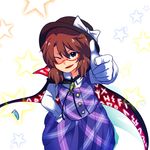  bow brown_eyes brown_hair cape clothes_writing glasses hand_on_hip hat hat_bow hat_ribbon long_sleeves low_twintails one_eye_closed open_mouth plaid red-framed_eyewear ribbon school_uniform shikushiku_(amamori_weekly) shirt short_hair skirt smile solo thumbs_up touhou twintails usami_sumireko 