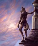  2015 anthro canine claws clothed clothing cloud coyote fur male mammal outside roof rukis solo 
