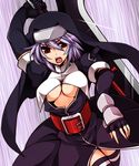  belt black_gloves black_legwear blade breasts elbow_gloves fingerless_gloves gloves habit headdress large_breasts lavender_hair looking_at_viewer m.u.g.e.n nun nyal_lathotep open_mouth puchi-pochi red_eyes solo thighhighs underboob 