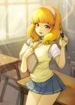  blonde_hair blush classroom dawkinsia desk hairband indoors kise_yayoi nanairogaoka_middle_school_uniform open_mouth pen precure school_desk short_hair skirt smile smile_precure! solo white_hairband yellow_eyes 