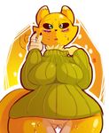  3_fingers actionbastardvirginblstr anthro blush bottomless breasts chubby clothed clothing digimon female fur half-dressed open_mouth renamon solo sweat sweater thigh_gap white_fur wide_hips yellow_fur 