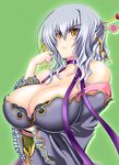 bare_shoulders blush breast_rest breasts choker cleavage collarbone gengan green_background hair_ornament japanese_clothes kilina koihime_musou large_breasts shin_koihime_musou short_hair silver_hair smile solo upper_body yellow_eyes 