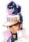  :&lt; animal animal_on_head animalization aura black_hair dog earrings facial_hair green_eyes hat jewelry jojo_no_kimyou_na_bouken kuujou_joutarou lintufriikki on_head one_eye_covered signature star_platinum turtleneck 